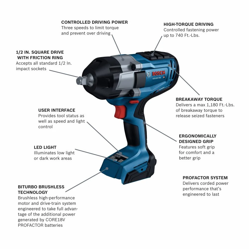 Wholesale โ Bosch Impact Wrenches PROFACTOR 18-volt Variable Speed Brushless 1/2-in square Drive Cordless Impact Wrench (Tool Only) ๐ 2 Wholesale โ Bosch Impact Wrenches PROFACTOR 18-volt Variable Speed Brushless 1/2-in square Drive Cordless Impact Wrench (Tool Only) ๐ - Image 2